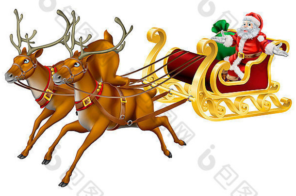 插图圣诞老人圣诞节雪橇拉驯鹿