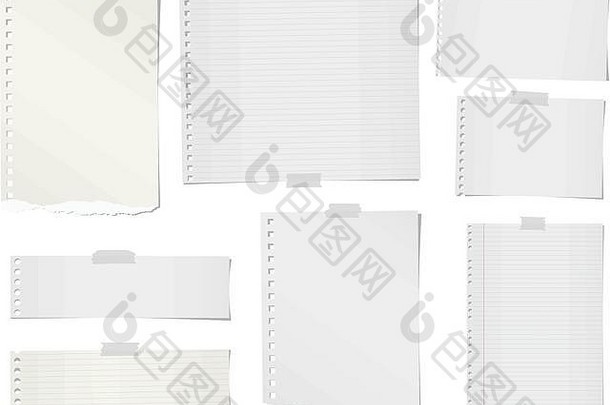 铅笔和撕破的条子、空白便笺、笔记本、文本或信息的纸张，用胶带粘在白色背景上。