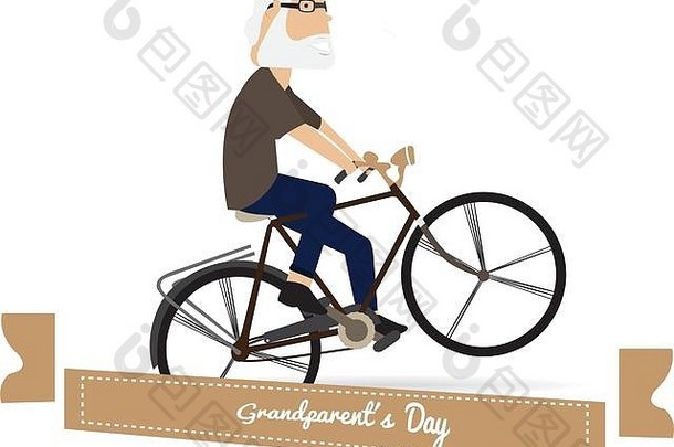 孤立的祖父骑自行车白色背景