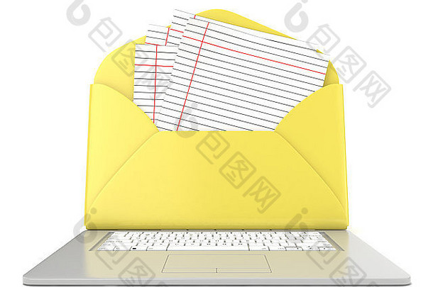 在笔记本电脑上打开信封和空白内衬纸。前视图。在白色背景上隔离的3D渲染插图