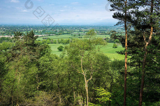 从奥尔德利边缘看柴郡乡村的绿色田野。夏日的英国风景。