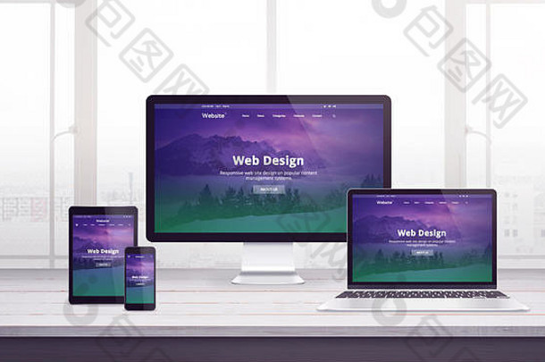 响应网络网站概念多个设备工作桌子上窗口背景现代平网络设计紫色的绿色页面概念