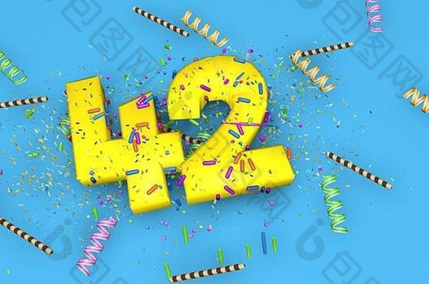 生日、周年纪念日或促销的42号，蓝色背景上用厚厚的黄色字母写着，上面装饰着糖果、彩带、巧克力吸管和糖果