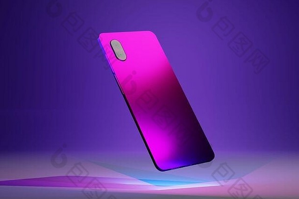 手机后视图，蓝色、粉色和紫色灯光上有两个摄像头，等距设计