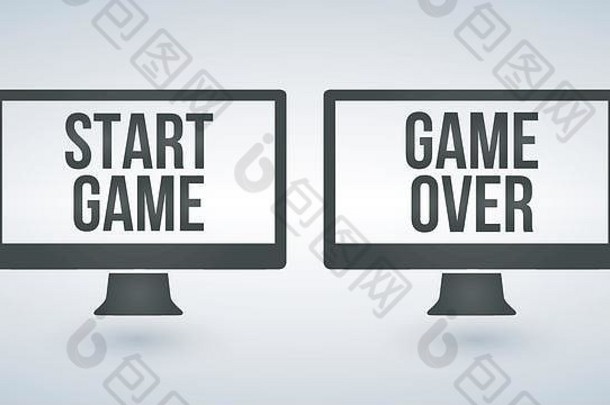 屏幕上显示开始或游戏结束的独立电脑显示器或电视。