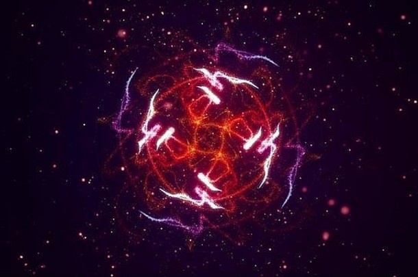 抽象发光<strong>粒子</strong>花圆形图案3D插图。充满活力的焰火——对称的发光图案在波浪中流动。彩色运动gr