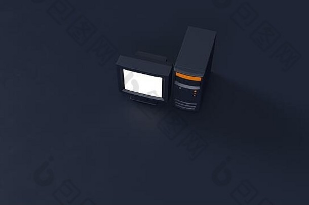 蓝色的橙色白色复古的桌面电脑监控插图渲染