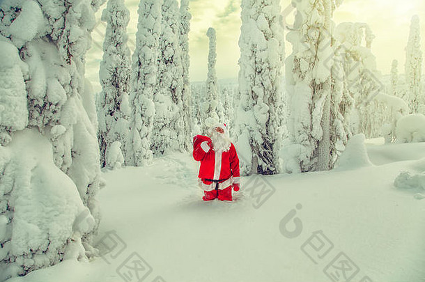 拉普兰真正的圣诞老人。壮丽的雪景。