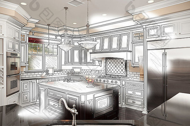 漂亮的定制厨房设计图纸和照片组合。