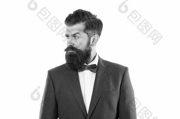 提高自信残酷的成熟的男人。完美的发型有胡子的赶时髦的人孤立的白色理发店沙龙概念成长胡子胡子面部头发新鲜修剪胡子