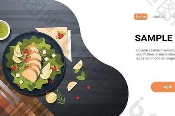健康新鲜蔬菜沙拉配鸡肉和酱汁黑碗顶角餐厅食物成分概念刀叉和餐巾纸深色