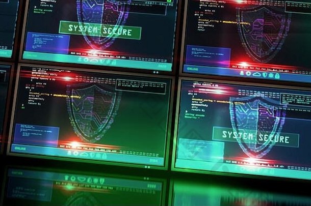 未来派电脑屏幕上带有屏蔽符号的网络安全信息，具有故障效应。系统安全、隐私保护、数字和身份sa