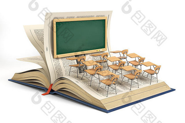 打开书本，教室里的黑板和课桌被隔离在白色背景上。教育理念。三维插图