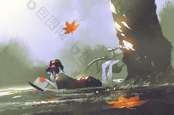秋天来了，小女孩躺在草地上看书，公园里枫叶飘落，数码艺术风格，插画