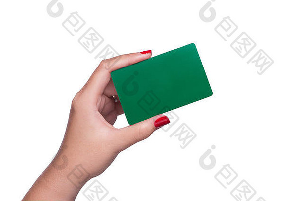 女手持有空白绿色卡孤立的白色背景