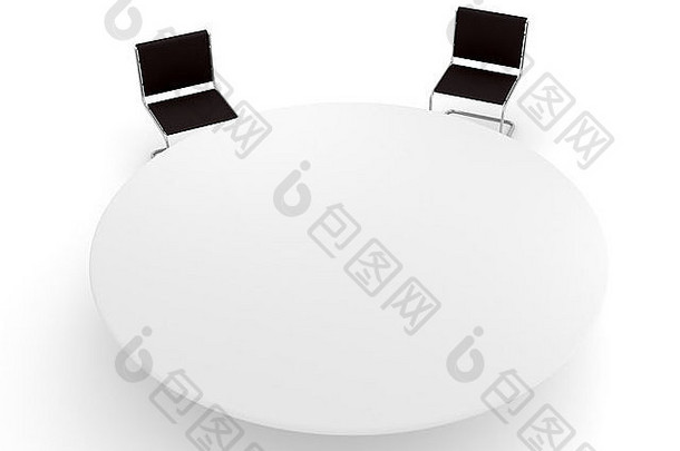 白色背景下，白色桌子周围的椅子相互隔离