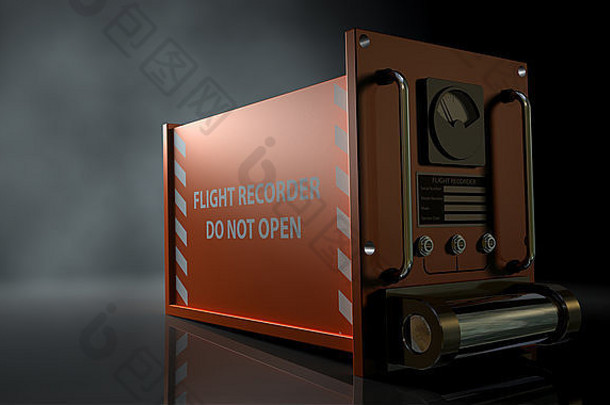 一个普通的航空飞行记录器黑匣子，在一个黑暗孤立的工作室背景上涂成橙色