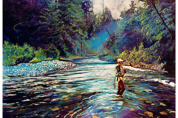 一个穿着涉水者的人在河上钓鱼，他的钓索在他身后伸出。悬垂的树木和森林环绕着这条河，河水清澈，充满了中等强度的雨水