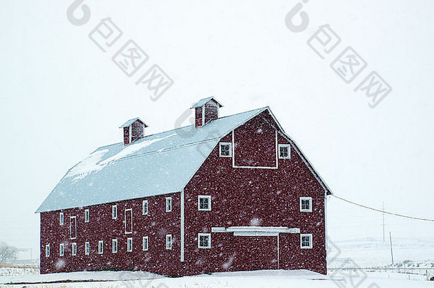 科罗拉多州暴风雪中的红色谷仓。