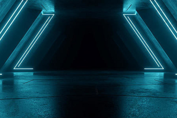 未来主义科幻黑暗霓虹灯蓝色未来主义发光三角柱混凝土垃圾空飞船隧道室虚拟网络激光束3D Re