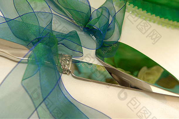婚礼蛋糕刀绿松石绿色丝带系