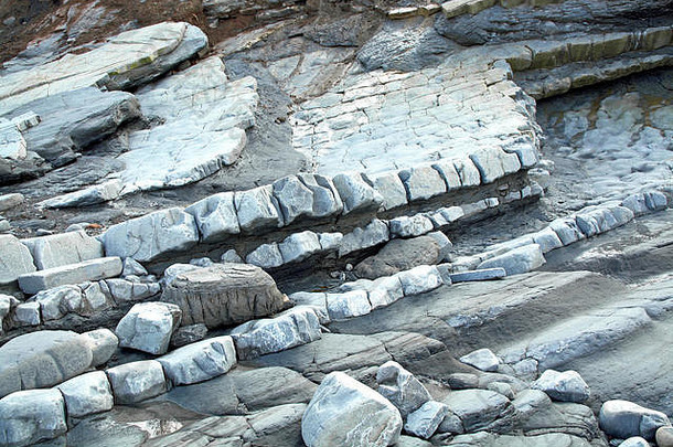 英国萨默塞特布里斯托尔海峡蓝锚和瓦切特之间海岸上侏罗纪岩石的细节。