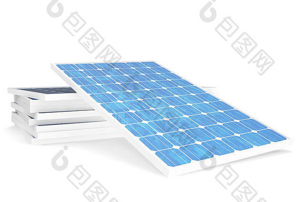 3D插图太阳能发电技术。蓝色太阳能电池板。概念替代电源。生态能源，白色背景上隔离的清洁能源。