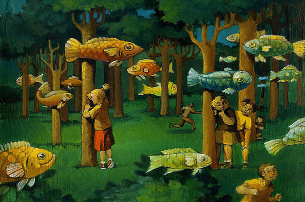 孩子们在树林里捉迷藏，鱼儿漂浮着