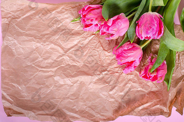 美丽的粉红色郁金香在复古纸上的纸上。为您的文本腾出空间