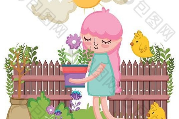 小女孩用栅栏和小鸡举起室内植物