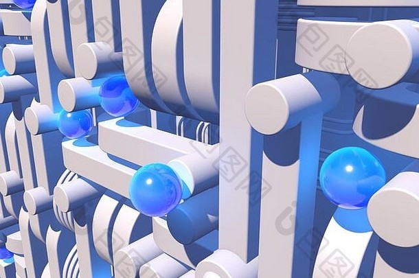 白色工业或技术抽象物，带有闪亮的蓝色球和连接管。三维插图