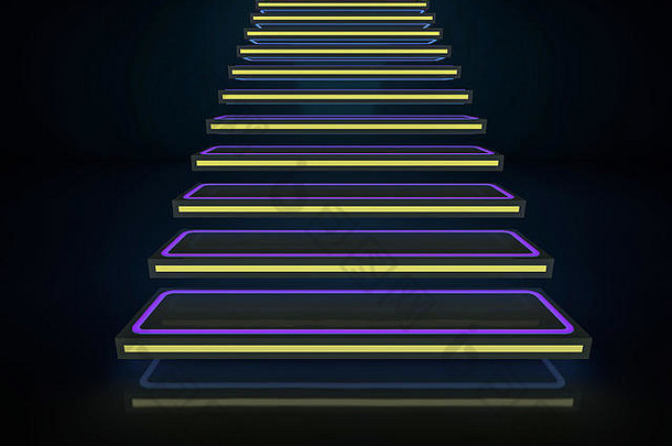 霓虹灯下通往俱乐部或迪斯科舞厅的楼梯。三维渲染