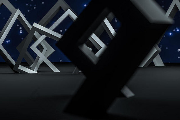 3d渲染，黑色创意多边形元素。计算机数字背景