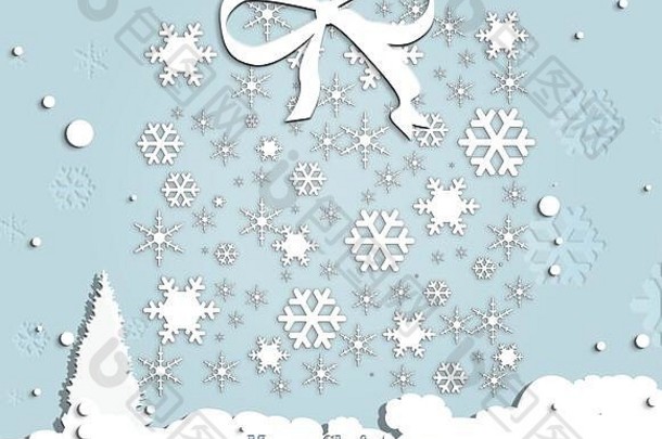 蓝色圣诞背景，雪花、雪花和圣诞树。圣诞快乐。圣诞贺卡。三维插图。