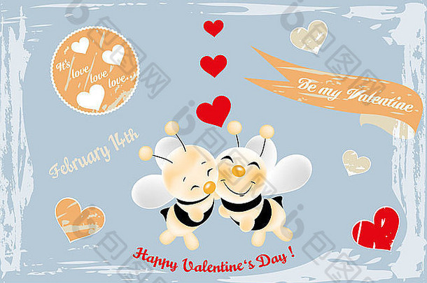 可爱的蜜蜂在爱-复古卡与各种剪贴簿设计元素