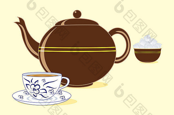 插图棕色（的）颜色成形茶壶匹配糖碗蓝色的白色茶杯飞碟
