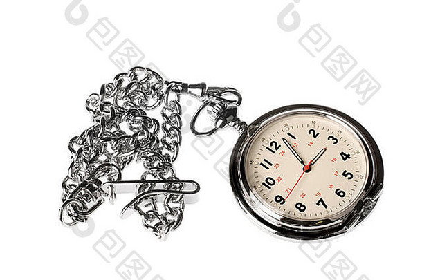 带有装饰链的银铬怀表和白色背景上隔离的手表