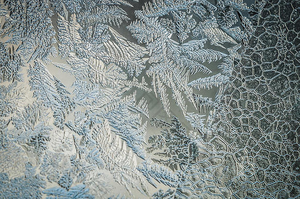 寒假季节梦幻世界概念：带有空间的霜窗玻璃自然冰图案的宏观图像