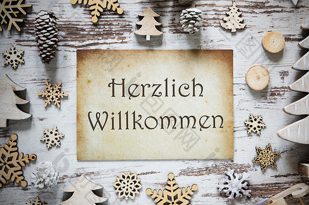 质朴的圣诞装饰，纸，Willkommen的意思是欢迎