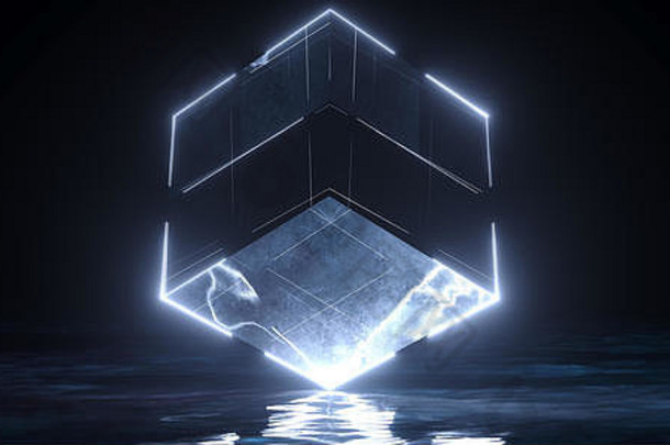 未来派科幻垃圾混凝土反射暗室，巨大的旋转立方体形状，在技术背景L的边缘闪烁着白冰Led灯