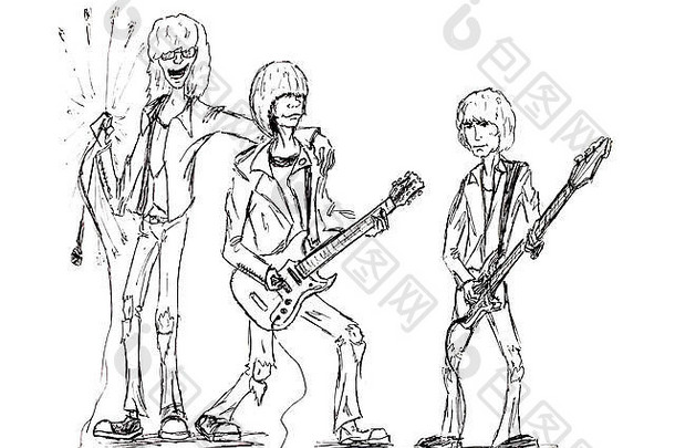 摇滚乐队、<strong>歌手</strong>和两名吉他手。数字笔。复古摇滚朋克乐队。