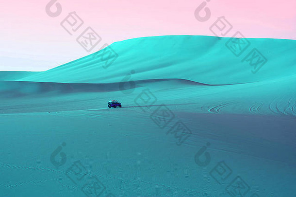 超现实的波普艺术风格的蓝绿色沙丘和粉红色天空下的沙滩车