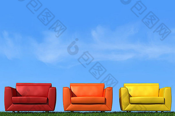 阳光明媚的日子里，草地上五颜六色的扶手椅-渲染