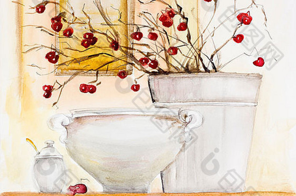 分支机构红色的冬天浆果白色粘土花瓶水彩艺术手工制作的画广场插图