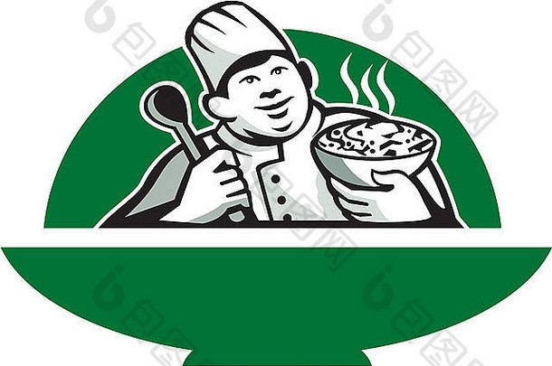 图为一名厨师用勺子舀着一碗热面条汤，碗的形状在孤立的白色背景上以复古风格完成。