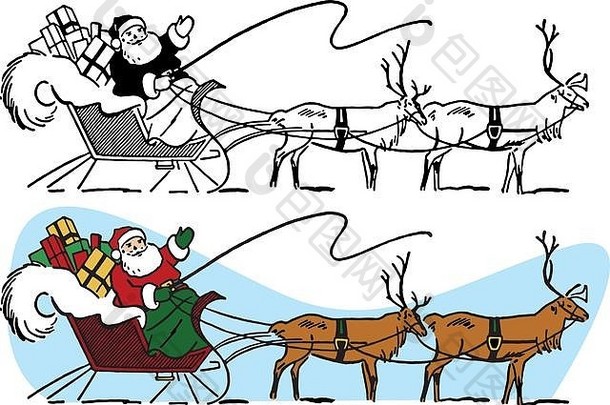 带着雪橇和驯鹿的圣诞老人