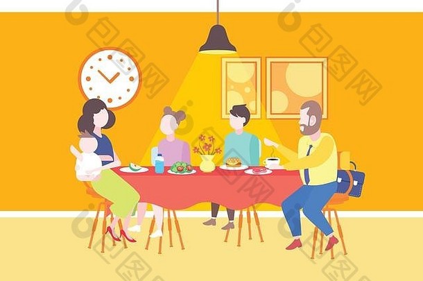父母带着孩子坐在咖啡桌上享受美食一家人一起吃饭聊天餐厅内部全长水平