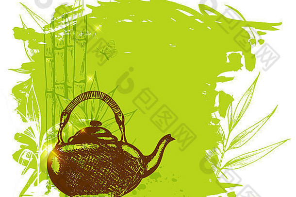 绿色装饰背景手画竹子分支茶壶