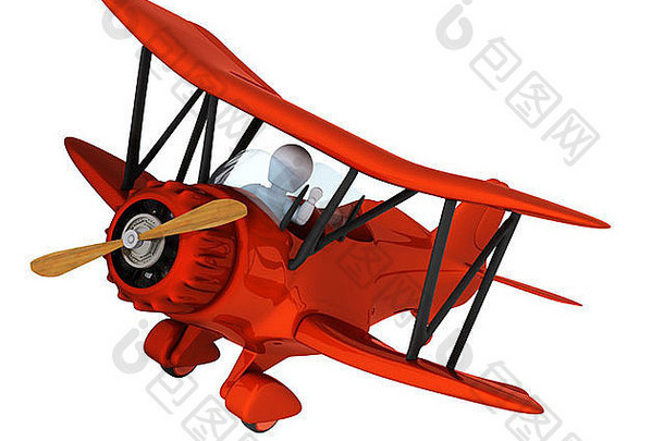 驾驶复古双翼飞机的人的3D渲染