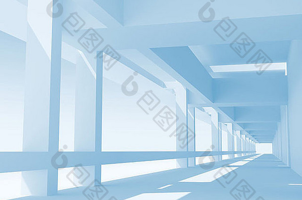 抽象建筑三维背景，蓝色走廊透视图